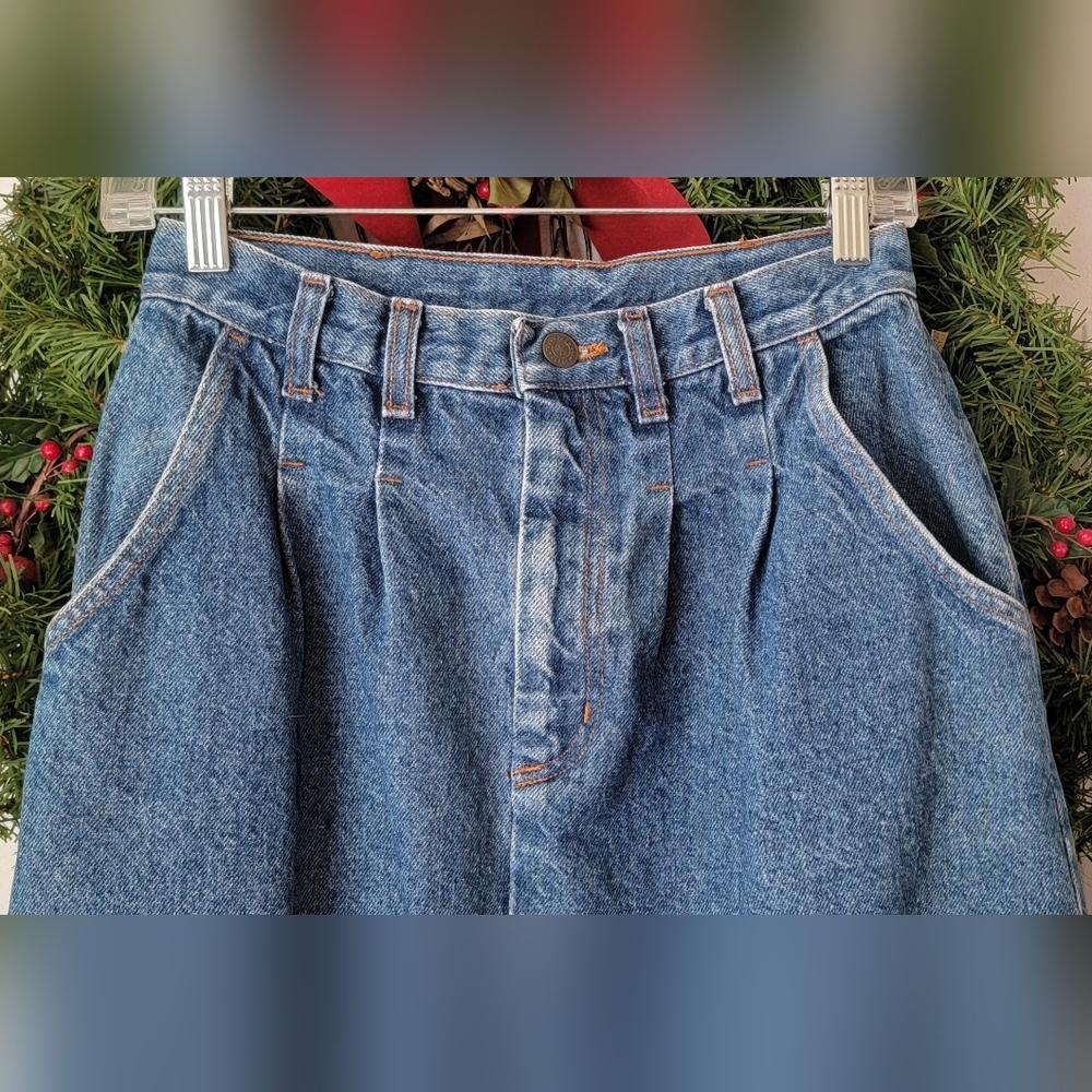 90s Vintg Denim Maxi Skirt Womens 7/8 Med Wash Blue 100% Cotton Fitted w/ Pleate - Picture 3 of 11